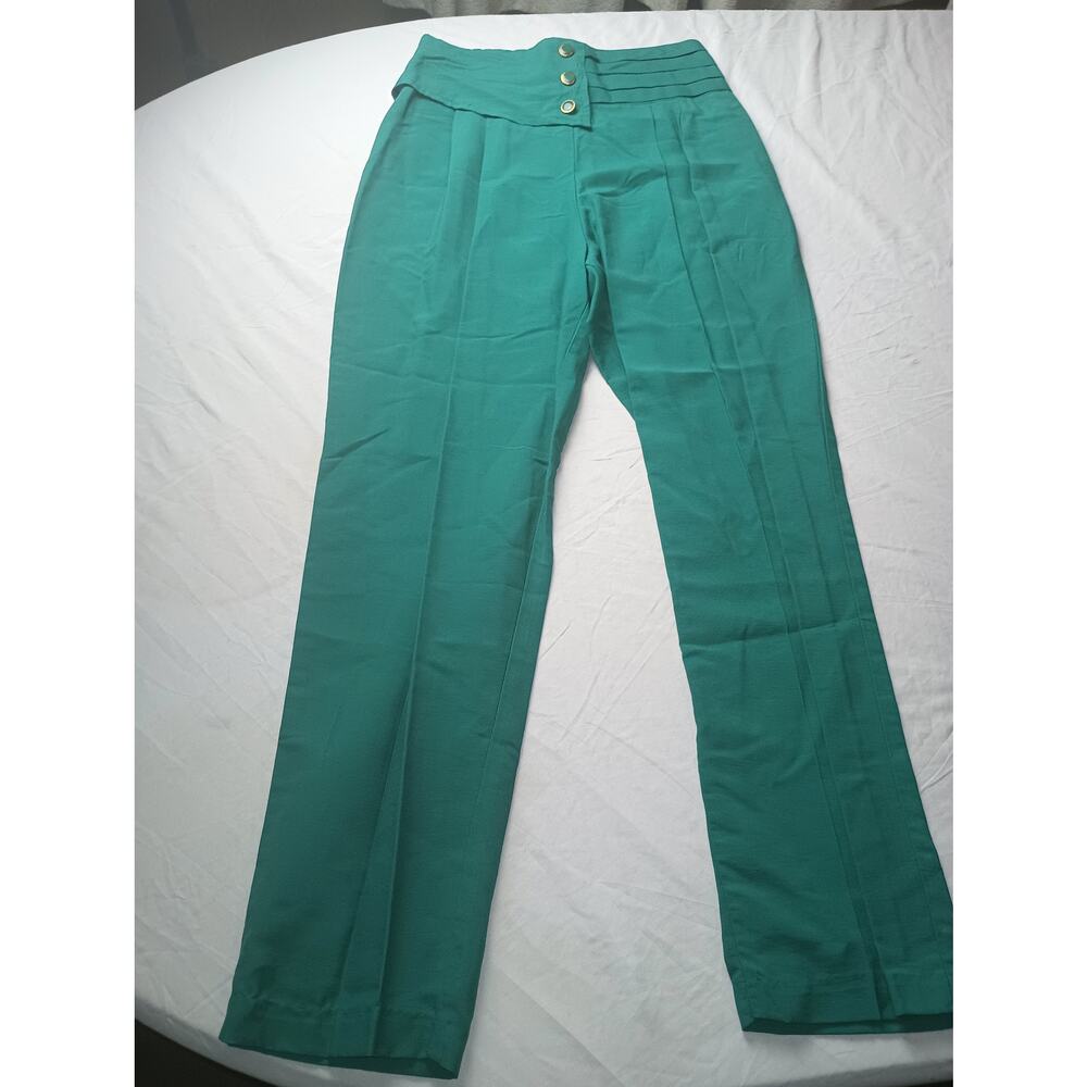 Vintage 90s Marnie West Women High Rise Button Emerald Green Pants Pull‎ on